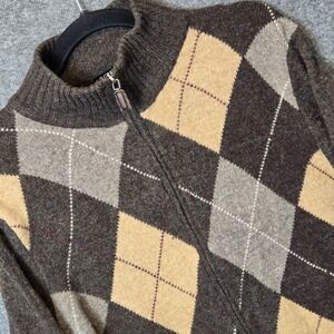 J.Crew Sweater Mens Medium Brown Argyle Lambswool Full Zip Mock Neck Elbow Patch